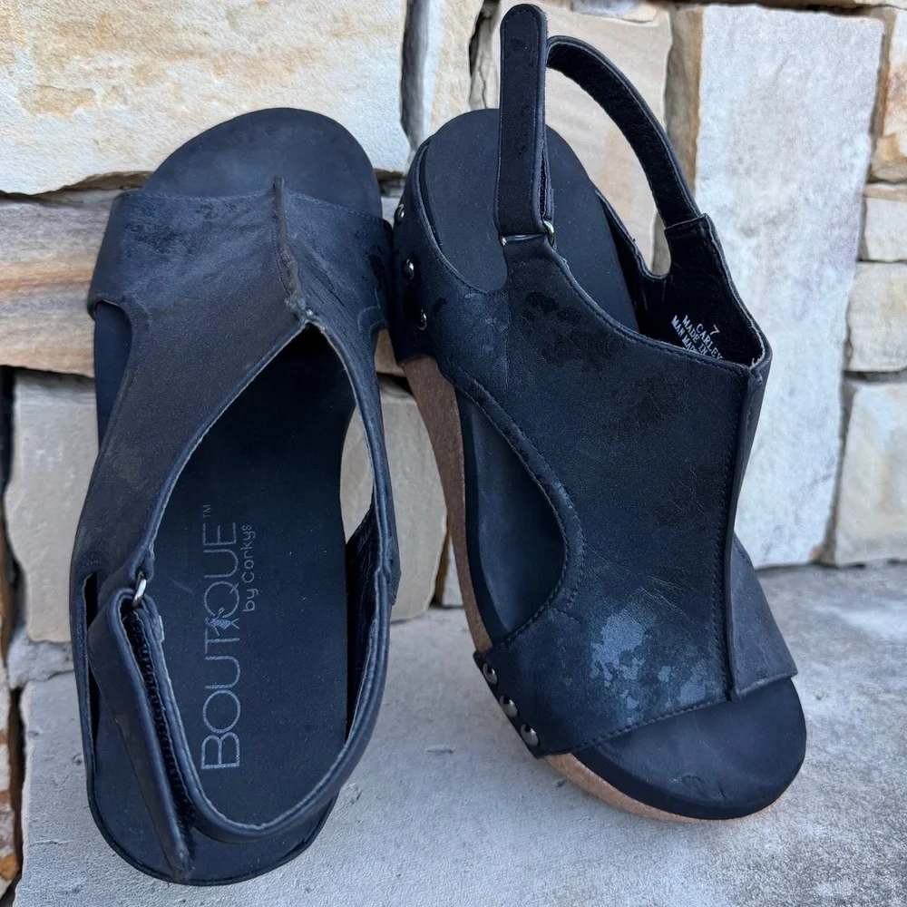 Corkys‎ Carley Black Wedge Sandals Sz-7. V